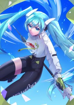 1girl absurdres aqua_eyes aqua_hair asymmetrical_bodysuit black_bodysuit black_gloves blue_background bodysuit boots closed_mouth clothes_writing commentary covered_navel cropped_jacket doma_shin flag flagpole flame_print gloves goodsmile_company goodsmile_racing green_flag green_gloves hair_between_eyes hatsune_miku highres holding holding_pole jacket light_smile long_hair long_sleeves looking_at_viewer pole race_queen racing_miku racing_miku_(2022) sidelocks single_leg_bodysuit single_thigh_boot skindentation smiley_face solo text_print thigh_boots twintails two-tone_gloves very_long_hair vocaloid white_jacket