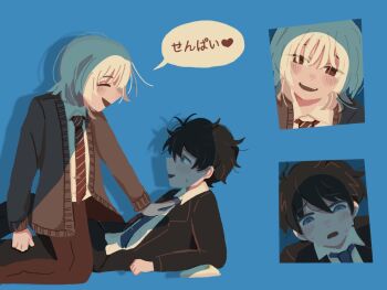 2boys akinashi_haru black_hair black_jacket black_pants blonde_hair blue_background blue_eyes blue_necktie blush brown_cardigan brown_pants cardigan collared_shirt diagonal-striped_clothes diagonal-striped_necktie dress_shirt formal_clothes hair_between_eyes hashtag-only_commentary highres jacket lemonhib looking_at_another male_focus medium_hair multiple_boys multiple_views necktie open_mouth pants pinned red_eyes red_necktie saihate_eki shadow shirt short_hair simple_background smile speech_bubble straddling striped_clothes striped_necktie suit suit_jacket sweat tatsunami_shion teeth translation_request upper_teeth_only white_shirt yaoi