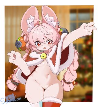 1girl absurdres ahoge animal_ear_fluff animal_ear_piercing animal_ears arm_up artist_name bell blue_thighhighs blurry blurry_background border braid capelet christmas christmas_tree cleft_of_venus double_v dress fur-trimmed_capelet fur-trimmed_thighhighs fur_trim hair_ornament hand_up hashtag-only_commentary highres indoors jingle_bell loli long_hair mismatched_thighhighs navel neck_bell open_mouth outside_border pink_hair pussy rabbit_ears rabbit_girl red_capelet red_dress red_thighhighs solo soukoazang sphere_hair_ornament thick_eyebrows thigh_gap thighhighs twin_braids uncensored v white_border wide_hips zenless_zone_zero zhao_(zenless_zone_zero)