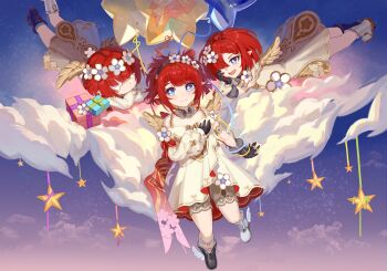 3girls absurdres ancient_greek_clothes angel_wings asid_(acidbranch) asymmetrical_footwear black_boots black_gloves blue_eyes boots chinese_commentary commentary_request cross-shaped_pupils dress gloves greco-roman_clothes hair_over_one_eye head_wreath highres honkai:_star_rail honkai_(series) mismatched_footwear multiple_girls on_cloud open_mouth pointy_ears red_hair short_hair sky star_(sky) star_balloon starry_sky symbol-shaped_pupils trianne_(honkai:_star_rail) tribbie_(honkai:_star_rail) trinnon_(honkai:_star_rail) triplets white_boots white_dress winged_boots wings