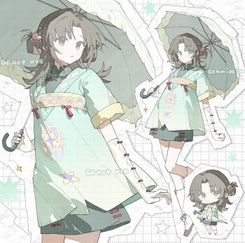 1girl ame_ame brown_hair chibi closed_mouth commission full_body gloves green_eyes green_shirt green_skirt green_umbrella grid_background highres holding holding_umbrella long_hair looking_at_viewer multiple_views original outline parted_bangs parted_lips shirt short_sleeves skirt standing umbrella watermark white_background white_gloves white_outline