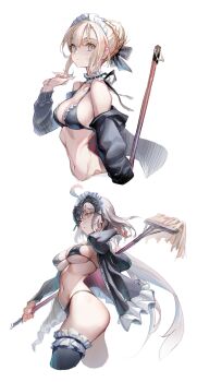 2girls absurdres adapted_costume ahoge artoria_pendragon_(fate) bare_shoulders bikini black_bikini black_jacket black_thighhighs blonde_hair braid breasts choker cleavage commentary_request cosplay fate/grand_order fate_(series) frilled_choker frilled_thigh_strap frills hair_bun headpiece highres hood hooded_jacket jacket jeanne_d&#039;arc_alter_(fate) large_breasts long_sleeves looking_at_viewer maid maid_bikini maid_headdress medium_breasts medium_hair mop multiple_girls navel off_shoulder open_clothes open_jacket saber_alter saber_alter_(swimsuit_rider)_(second_ascension) saber_alter_(swimsuit_rider)_(second_ascension)_(cosplay) short_hair sidelocks suishougensou swimsuit thigh_strap thighhighs thighs unconventional_maid yellow_eyes