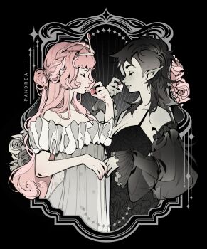 2girls absurdres adventure_time artist_name black_dress black_hair braid closed_eyes colored_skin commentary detached_sleeves dress fang fang_out flower food frilled_dress frills fruit grey_skin half_up_braid highres holding long_hair long_sleeves marceline_abadeer multiple_girls off-shoulder_dress off_shoulder pandrea pink_flower pink_hair pink_rose pointy_ears princess_bonnibel_bubblegum rose see-through_clothes see-through_sleeves strawberry tiara undercut vampire white_dress white_flower white_rose