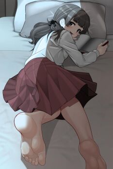 1girl absurdres ass barefoot blue_eyes book brown_hair commentary_request face_piercing fear_&amp;_hunger_(series) fear_&amp;_hunger_2:_termina feet frills highres holding holding_book long_hair long_sleeves looking_at_viewer looking_back lying marina_(fear_&amp;_hunger) minami_no_uo-za mouth_piercing on_side open_book open_mouth piercing pillow pink_nails pink_skirt pleated_skirt shirt skirt smile soles solo variant_set white_shirt