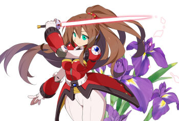1girl android armor brown_hair energy_sword flower gloves green_eyes high-waist_pantyhose high_collar high_ponytail holding holding_sword holding_weapon iris_(mega_man) iris_-another-_(mega_man) joints kaidou_zx long_hair looking_at_viewer mega_man_(series) mega_man_x_(series) mega_man_x_dive military military_uniform pantyhose ponytail rapier red_armor robot robot_girl robot_joints shoulder_jewel simple_background solo sword very_long_hair weapon white_background white_gloves