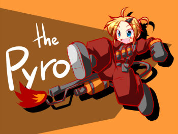 Rule 34 | 1girl, black boots, blonde hair, blue eyes, bodysuit, boots, cosplay, female focus, flamethrower, flat chest, full body, gloves, holding, holding flamethrower, holding weapon, ichidai taisa, pyro (tf2), red pyro (tf2), short hair, solo, team fortress 2, weapon