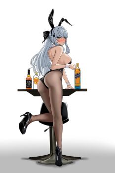 1girl absurdres alcohol alternate_costume animal_ears back bar_stool bare_shoulders black_leotard black_pantyhose blue_hair blush bottle bow breasts choebal1356201 closed_mouth detached_collar fake_animal_ears full_body girls'_frontline girls'_frontline_2:_exilium green_eyes hair_bow hair_ornament hairclip hand_on_table high_heels highres hk416_(girls'_frontline) jack_daniel's klukai_(girls'_frontline_2) legs leotard long_hair looking_at_viewer looking_to_the_side medium_breasts pantyhose playboy_bunny ponytail rabbit_ears rabbit_tail sideboob sidelocks simple_background solo standing standing_on_one_leg stool table tail thighs whiskey white_background white_wrist_cuffs wrist_cuffs