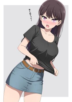 1girl bang_dream! bang_dream!_it's_mygo!!!!! belt black_hair black_shirt blue_skirt blush border breasts brown_belt cleavage collarbone commentary_request feet_out_of_frame grey_background highres large_breasts long_hair medium_breasts midriff mole mole_under_eye navel noshimurin open_mouth outside_border purple_eyes shiina_taki shirt short_sleeves shorts simple_background skirt solo standing teeth upper_teeth_only white_border