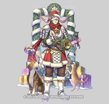 Rule 34 | 1boy, armor, boots, box, brown pants, cat, christmas, christmas ornaments, christmas present, closed mouth, commentary request, dog, fire emblem, fire emblem: three houses, fire emblem heroes, full armor, fur-trimmed boots, fur trim, gatekeeper (fire emblem), gatekeeper (midwinter toll) (fire emblem), gauntlets, gift, gift box, gloves, green tunic, hat, helmet, holding, holding instrument, holly, horn (instrument), instrument, izuka daisuke, nintendo, official alternate costume, official art, pants, red hat, red scarf, santa hat, scarf, smile, star (symbol), star ornament, tunic, white boots