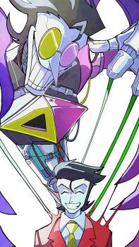 black_hair colored_skin deltarune giant giant_male hair_slicked_back heterochromatic_eyewear highres jacket long_nose male_focus multiple_boys pointy_nose puppet_strings round_eyewear shio_tou short_hair smile spamton_g._spamton spamton_g._spamton_(big_shot) spamton_neo teeth tinted_eyewear utdr_(toby_fox)