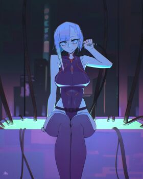 1girl asymmetrical_bangs bare_arms bare_shoulders bathtub black_leotard breasts cable closed_mouth clothing_cutout commentary cyberpunk:_edgerunners cyberpunk_(series) english_commentary feet_out_of_frame grey_eyes grey_hair grey_pantyhose hand_up highleg highleg_leotard highres hip_vent holding holding_cable large_breasts legs_together leotard looking_at_viewer lucy_(cyberpunk) multicolored_hair night pantyhose shibansfw short_hair_with_long_locks signature sitting smile solo straight-on