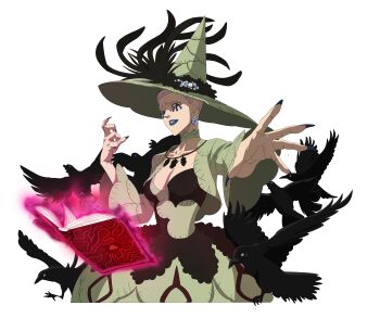 1girl absurdres bird black_bird black_clover black_clover_m:_rise_of_the_wizard_king blue_lips blue_nails book breasts cleavage crow dress earrings green_dress green_hat grimoire hat highres jewelry looking_at_viewer medium_breasts necklace non-web_source official_art open_book pink_hair simple_background solo transparent_background upper_body witch_hat witch_queen_(black_clover)