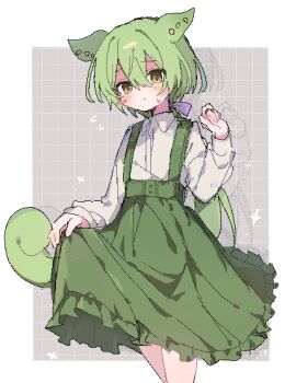 1girl adapted_costume blush_stickers border closed_mouth feet_out_of_frame frilled_skirt frills gil_(gil_261) green_hair green_skirt grey_background grid_background hand_up highres jaggy_lines long_hair long_sleeves looking_at_viewer ojou-sama_zundamon outside_border shirt single_blush_sticker skirt skirt_hold solo sparkle standing suspender_skirt suspenders voicevox white_border white_shirt yellow_eyes zundamon