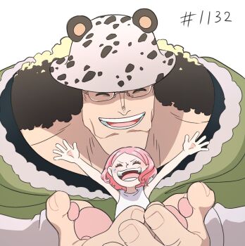 1boy 1girl ^_^ arms_up bartholomew_kuma black_hair blush carrying carrying_person closed_eyes commentary_request curly_hair father_and_daughter glasses hat highres jewelry_bonney long_hair medium_hair one_piece open_mouth pink_hair short_hair simple_background smile tank_top white_background yuki_y14