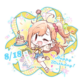 1girl ;d ahoge birthday_cake blue_shorts blush cake cake_slice chibi chibi_only commentary_request dated food food_on_face hair_ornament hair_scrunchie happy_birthday highres holding holding_plate ikizulive!_love_live!_bluebird loafers long_hair long_sleeves looking_at_viewer love_live! official_art one_eye_closed one_side_up open_mouth orange_hair outstretched_arms pink_scrunchie plate sailor_collar sailor_shirt scrunchie shirt shoes shorts smile socks solo takahashi_polka v white_sailor_collar white_shirt white_shoes white_socks |_|