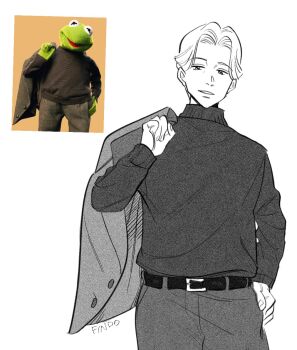 1boy artist_name belt belt_buckle black_belt buckle findoworld greyscale hand_on_own_hip highres jacket jacket_on_shoulders johan_liebert kermit_the_frog looking_at_viewer male_focus monochrome monster_(manga) parted_bangs parted_lips reference_inset short_hair solo sweater turtleneck turtleneck_sweater upper_body white_background