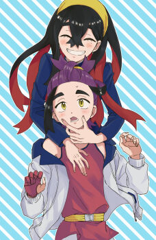 1boy 1girl black_hair blue_jacket blush brother_and_sister carmine_(pokemon) closed_eyes commentary_request crossed_bangs diagonal-striped_background gloves grey_jacket hair_between_eyes hairband hand_on_another&#039;s_cheek hand_on_another&#039;s_face highres jacket kieran_(pokemon) long_sleeves mole mole_on_neck mole_under_eye multicolored_hair nintendo off_shoulder open_mouth partially_fingerless_gloves pokemon pokemon_sv purple_hair red_gloves red_hair shibahu_no_niwa siblings single_glove striped_background sweat yellow_eyes yellow_hairband