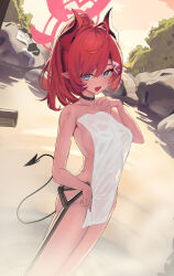 1girl absurdres black_bra black_choker black_panties black_skirt blue_archive blue_eyes bow bow_panties bra breasts choker covering_privates demon_horns demon_tail fang goggles hair_ornament hairclip halo highres horns large_breasts looking_at_viewer lovelyme medium_hair megu_(blue_archive) nude_cover onsen open_mouth outdoors panties pleated_skirt pointy_ears ponytail red_hair red_horns shirt sidelocks skin_fang skirt solo standing stone swept_bangs tail thighhighs towel tree underwear unworn_bra unworn_clothes unworn_goggles unworn_panties unworn_shirt unworn_skirt unworn_thighhighs wading water white_shirt white_thighhighs