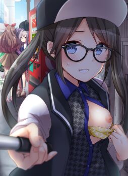 5girls bad_id bad_twitter_id baseball_cap black-framed_eyewear black_hair black_hat blouse blue_eyes blurry blush bra bra_pull breasts clothes_pull depth_of_field exhibitionism flashing glasses grey_shirt grin hat hatomugi_(mugicha) highres idolmaster idolmaster_shiny_colors jacket l&#039;antica long_hair looking_at_viewer mitsumine_yuika multiple_girls nipples one_breast_out open_clothes open_jacket open_shirt oppai_challenge presenting_breasts public_indecency pulling_own_clothes reaching reaching_towards_viewer selfie selfie_stick shirase_sakuya shirt sidelocks small_breasts smile solo_focus sweatdrop tanaka_mamimi tsukioka_kogane twintails underwear vending_machine yellow_bra yukoku_kiriko