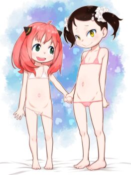 2girls anya_(spy_x_family) barefoot becky_blackbell bikini closed_mouth commentary_request flat_chest full_body green_eyes hair_ornament hair_scrunchie highres holding_hands loli looking_at_another looking_at_viewer micro_bikini multiple_girls navel pink_bikini pussy pussy_peek scrunchie smile spy_x_family standing swimsuit teruki_kuma toes two_side_up white_bikini white_scrunchie yellow_eyes