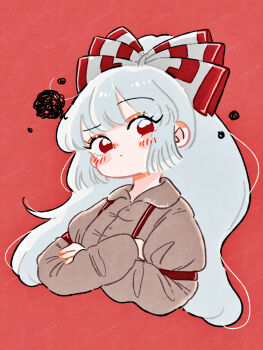 Rule 34 | 1girl, blush, blush stickers, bow, brown shirt, commentary, cropped torso, crossed arms, fujiwara no mokou, hair bow, hakunemui, head tilt, highres, long hair, long sleeves, looking at viewer, ponytail, red background, red eyes, shirt, simple background, solo, squiggle, suspenders, touhou, upper body, very long hair, white hair