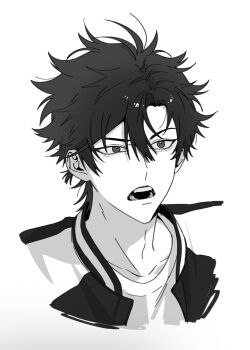 1boy antenna_hair cheng_xiaoshi collarbone fangs greyscale hair_between_eyes highres jacket looking_at_viewer male_focus messy_hair monochrome mrsseven745 multicolored_jacket open_clothes open_jacket open_mouth ponytail portrait shiguang_dailiren shirt short_hair short_ponytail simple_background solo teeth upper_body white_background