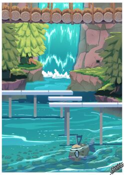 absurdres animal_focus bridge day feebas fish gen_3_pokemon highres nintendo no_humans outdoors pokemon pokemon_(creature) pokemon_focus rock sakanagi_(a_r_co) swimming tree water waterfall