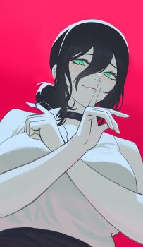 1girl absurdres alternate_breast_size_(larger) black_choker black_hair breasts chainsaw_man choker closed_mouth commentary_request cord_pull double-parted_bangs finger_to_mouth from_below green_eyes grenade_pin hair_between_eyes hair_bun hands_up highres large_breasts looking_at_viewer oro_(lsg0624) pull_cord red_background reze_(chainsaw_man) shirt short_hair shushing simple_background single_hair_bun sleeveless sleeveless_shirt smile solo upper_body white_shirt