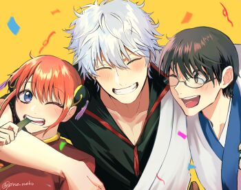 1girl 2boys arm_over_shoulder biting black_hair black_shirt blue_eyes blush brown_eyes chinese_clothes closed_eyes confetti double_bun gintama glasses grin hair_between_eyes hair_bun highres japanese_clothes kagura_(gintama) kimono looking_at_another messy_hair multiple_boys one_eye_closed open_mouth parted_bangs pine_neko red_hair sakata_gintoki shimura_shinpachi shirt simple_background smile white_hair white_kimono yellow_background