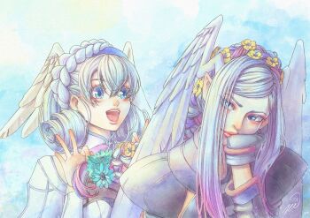 2girls :d blue_eyes braid crown_braid day eyes_visible_through_hair flower hair_flower hair_ornament head_wings highres lips melia_antiqua multiple_girls open_mouth outdoors siblings sidelocks silver_hair sisters smile tyrea_(xenoblade) upper_body vvbert wings xenoblade_chronicles:_future_connected xenoblade_chronicles_(series) xenoblade_chronicles_1