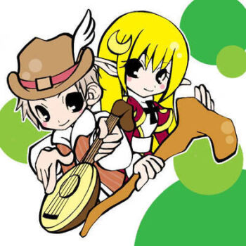 1boy 1girl 2000s_(style) black_eyes blonde_hair brown_hat brown_vest closed_mouth clown_(ragnarok_online) commentary_request cowboy_hat crescent crescent_hair_ornament cross dress grey_hair hair_ornament hat high_priest_(ragnarok_online) holding holding_instrument holding_staff instrument long_hair long_sleeves looking_at_viewer lowres lute_(instrument) orine3 pointy_ears ragnarok_online red_dress shirt short_hair smile staff upper_body vest white_background white_shirt