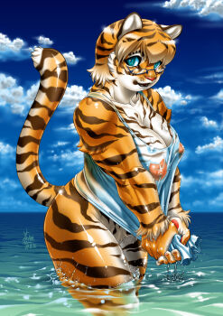 Rule 34 | 1girl, animal ears, aqua eyes, bottomless, breasts, cleavage, cloud, day, female focus, furry, furry female, glasses, highres, large breasts, muscular, ocean, outdoors, see-through clothes, short hair, sky, solo, tail, takayuki aoi (artist), tank top, tiger, tiger ears, tiger tail, water, wet