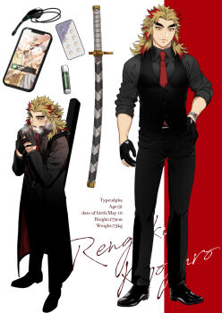 1boy alternate_costume belt belt_buckle black_belt black_coat black_gloves black_pants black_shirt black_shoes black_vest blonde_hair breath buckle cellphone character_name closed_mouth coat collared_shirt contemporary dress_shirt english_text fingerless_gloves forked_eyebrows formal_clothes full_body gloves hand_on_own_hip hashimoto_(yanagi-momo) implied_yaoi katana kimetsu_no_yaiba light_smile lip_balm long_hair long_sleeves looking_at_viewer male_focus medicine multicolored_eyes multicolored_hair multiple_views necktie open_mouth pants partially_fingerless_gloves phone red_background red_eyes red_hair red_necktie rengoku_kyoujurou scabbard sheath sheathed shirt shoes signature simple_background sleeves_rolled_up smartphone solo standing streaked_hair suit sword sword_on_back thick_eyebrows two-tone_background two-tone_hair vest waistcoat watch weapon weapon_on_back white_background wing_collar wristwatch yellow_eyes