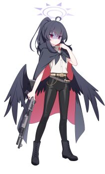 &gt;:( 1girl absurdres ahoge belt black_boots black_choker black_cloak black_hair black_pants black_wings blue_archive boots brown_belt buttons choker cloak closed_mouth collared_shirt fabarm_sdass feathered_wings frown full_body gun hair_between_eyes halo hand_up highres holding holding_gun holding_weapon hood hood_down hooded_cloak jyt lace-up_boots large_variant_set leather leather_pants long_hair looking_at_viewer low_wings multicolored_cloak original pants ponytail pump_action purple_halo red_cloak red_eyes shaded_face shirt shirt_tucked_in shotgun sidelocks simple_background sleeveless sleeveless_shirt solo split_mouth standing tachi-e transparent_background two-sided_cloak two-sided_fabric two-tone_cloak v-shaped_eyebrows variant_set weapon white_shirt wings