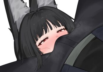 1boy 1girl animal_ear_fluff animal_ears black_hair black_pants blunt_bangs blush boy_on_top bulge commentary_request face_in_crotch flasso fox_ears fox_girl half-closed_eyes heart heart-shaped_pupils hetero highres hoshimi_miyabi long_hair nose_blush pants red_eyes simple_background sitting sitting_on_face sitting_on_person symbol-shaped_pupils upper_body white_background wise_(zenless_zone_zero) zenless_zone_zero