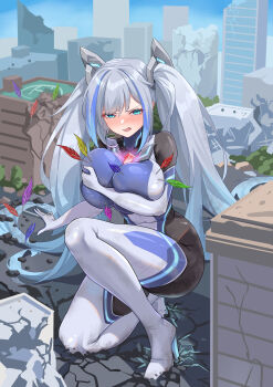 1girl absurdres alternate_breast_size_(larger) blue_eyes blue_streaks blush bodysuit boots breasts chinese_commentary commentary_request crack elbow_gloves gloves grey_hair high_heel_boots high_heels highres huge_breasts impossible_bodysuit impossible_clothes long_hair mitscher_(warship_girls_r) official_artist_extra outdoors ruins skin_tight solo thigh_boots twintails ultra_series very_long_hair warship_girls_r zalenhpe