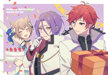 animal_ears birthday blue_eyes blush bow brown_hair cake cat_ears celebration choker closed_mouth coat confetti english_text everyone felix_argyle food gift gloves hair_between_eyes holding julius_juukulius looking_at_another multiple_boys oshi_suko1 purple_background purple_hair re:zero_kara_hajimeru_isekai_seikatsu red_hair reinhard_van_astrea ribbon short_hair simple_background smile text_background yellow_eyes