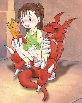 1boy 1girl blush brown_eyes brown_hair closed_eyes clothes_lift digimon digimon_tamers digiphilia dragon_boy dress dress_lift enoma_shinji furry furry_male furry_with_non-furry girl_on_top guilmon hetero interspecies katou_juri legs loli no_panties non-web_source open_mouth penis puppet pussy pussy_juice sex spread_legs toei_company vaginal