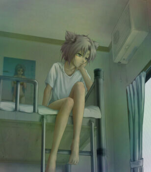 1girl air_conditioner bed bunk_bed curtains ladder poster_(medium) shirt short_twintails sitting succubus_manabe t-shirt twintails umii wrestle_angels wrestle_angels_survivor