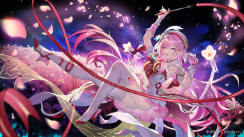 1girl absurdres beret breasts chinese_commentary commentary_request diamond-shaped_pupils diamond_(shape) dress elf elysia_(hi_love_elf)_(honkai_impact) elysia_(honkai_impact) ermu_(enmmm) falling_petals field flower flower_field hat high_heels highres honkai_(series) honkai_impact_3rd instrument large_breasts long_hair miyoushe_watermark multicolored_hair petals pink_dress pink_hair pointy_ears purple_eyes red_dress ribbon shorts shorts_under_dress smile solo symbol-shaped_pupils thighhighs thighs trumpet two-tone_hair very_long_hair watermark white_dress white_hair white_shorts white_thighhighs