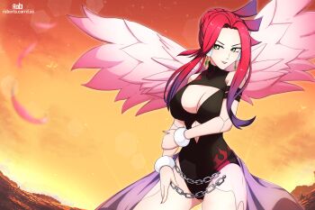 axasempai bare_shoulders black_one-piece_swimsuit breasts chain cowboy_shot earrings feathered_wings feathers ferham_(mega_man) green_eyes hair_bun highres jewelry large_breasts mega_man_(series) mega_man_x:_command_mission mega_man_x_(series) mega_man_x_dive nail_polish one-piece_swimsuit pink_feathers pink_wings red_hair robot_ears robot_girl sunset swimsuit wings