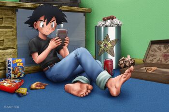 1boy absurdres ash_ketchum barefoot coca-cola donkey donkey_kong_(series) feet foot_focus game_boy gen_1_pokemon handheld_game_console highres male_focus nintendo pokemon pokemon_(anime) pokemon_rgby staryu super_kubo