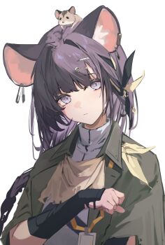 1girl absurdres animal animal_ear_fluff animal_ears animal_on_head arknights armor black_ribbon braid capelet closed_mouth coat collared_capelet collared_coat earclip green_capelet green_coat hair_ornament hairclip hand_up highres lanyard long_hair looking_at_viewer lutonada_(arknights) mouse_(animal) mouse_ears mouse_girl mouse_on_head nekomatamago on_head purple_eyes purple_hair ribbon shirt short_sleeves simple_background solo upper_body vambraces white_background white_shirt yellow_ribbon
