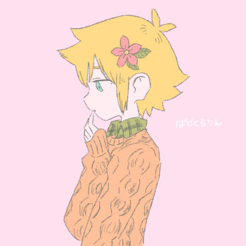 1boy alternate_costume antenna_hair basil_(faraway)_(omori) basil_(omori) blue_eyes brown_sweater closed_mouth collared_shirt flower from_side green_shirt hair_flower hair_ornament long_sleeves male_focus omori pink_background shirt shirt_under_sweater short_hair sidelocks simple_background sleeves_past_wrists solo sun_iiinu sweater translation_request upper_body