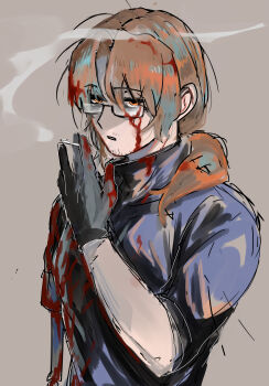 1boy alternate_costume bags_under_eyes beard_stubble black-framed_eyewear black-framed_glasses black_gloves black_sweater blood blood_on_clothes blood_on_face blood_on_hands blood_splatter blood_stain bloody_weapon brown_hair cigarette e.g.o_(project_moon) expressionless eyes_visible_through_hair facial_hair from_side full_body glasses gloves gregor_(project_moon) grey_background hair_between_eyes hair_intakes hair_over_one_eye hair_over_shoulder half-closed_eyes hand_up highres holding holding_cigarette jitome joints kikkoinu limbus_company long_hair long_sleeves looking_at_viewer looking_to_the_side low_ponytail male_focus mechanical_arms messy_hair official_alternate_costume open_mouth parted_bangs parted_lips photoshop_(medium) ponytail project_moon prosthesis prosthetic_arm rectangular_eyewear rosespanner_workshop_(identity)_(project_moon) sanpaku semi-rimless_eyewear shaded_face shirt sideways_glance simple_background single_glove single_mechanical_arm sketch sleeves_pushed_up sleeves_rolled_up smoke smoking solo standing stubble sweater turtleneck turtleneck_sweater under-rim_eyewear upper_body weapon yellow_eyes