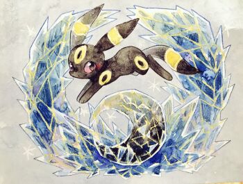 Rule 34 | crescent moon, crystal, full body, gen 2 pokemon, grey background, looking at viewer, moon, nintendo, no humans, non (kumakawayusu), painting (medium), pokemon, pokemon (creature), red eyes, solo, traditional media, umbreon, watercolor (medium)