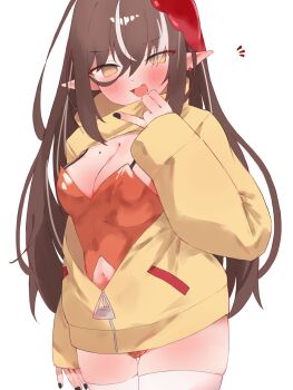 1girl absurdres black_nails blush breasts brown_hair clothing_cutout ear_piercing hand_up highres jacket laughing leotard long_hair looking_at_viewer mole mole_on_breast multicolored_hair navel_cutout orange_leotard original piercing pointy_ears solo streaked_hair tepenchi thighhighs thighs white_thighhighs yellow_jacket