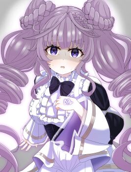 1girl breasts cowboy_shot donut_hair_bun double_bun dress drill_hair duel_monster glowing glowing_tattoo hair_bun hand_tattoo highres large_breasts long_hair number_41_bagooska_the_terribly_tired_tapir purple_eyes purple_hair selettrice_vaalmonica solo tattoo twin_drills very_long_hair white_dress wize_(adklahniehov6ib) yu-gi-oh! yu-gi-oh!_zexal