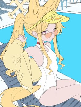 absurdres animal_ears armpits ass bare_arms bare_legs bare_shoulders blonde_hair blue_archive colorful_background fox fox_ears fox_girl fox_tail highres honyara-san looking_at_viewer seia_(blue_archive) seia_(swimsuit)_(blue_archive) sunglasses swimsuit tail teeth thighs