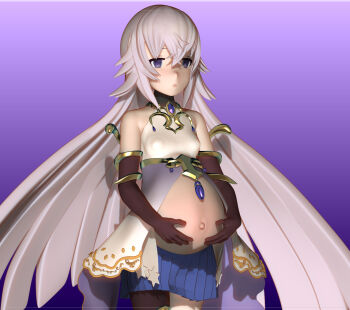 1girl 3d artistic_error asymmetrical_legwear bad_id bad_twitter_id black_gloves black_socks blue_skirt breasts covered_erect_nipples empty_eyes gloves gradient_background grimms_notes gyouza_aquarium holding_stomach long_hair magic magic_mirror_(grimms_notes) open_mouth pregnant purple_background purple_eyes purple_hair skirt socks solo white_socks